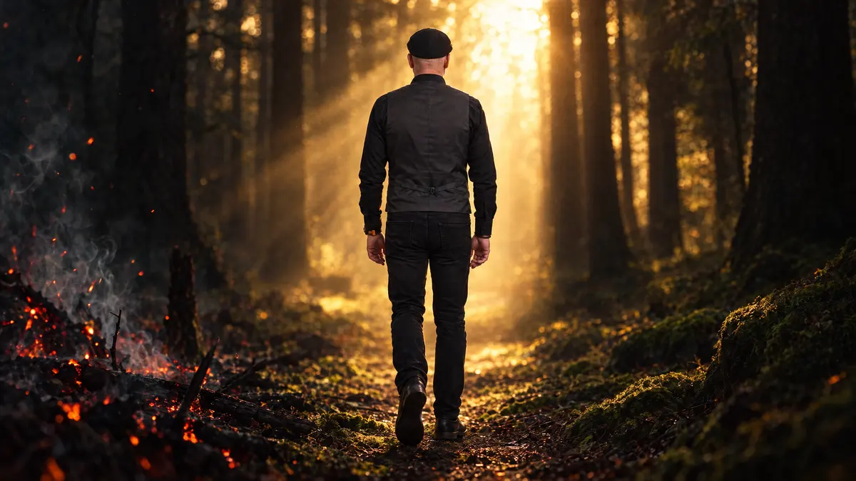 Andreas Achatz geht auf einem Waldweg ins Licht